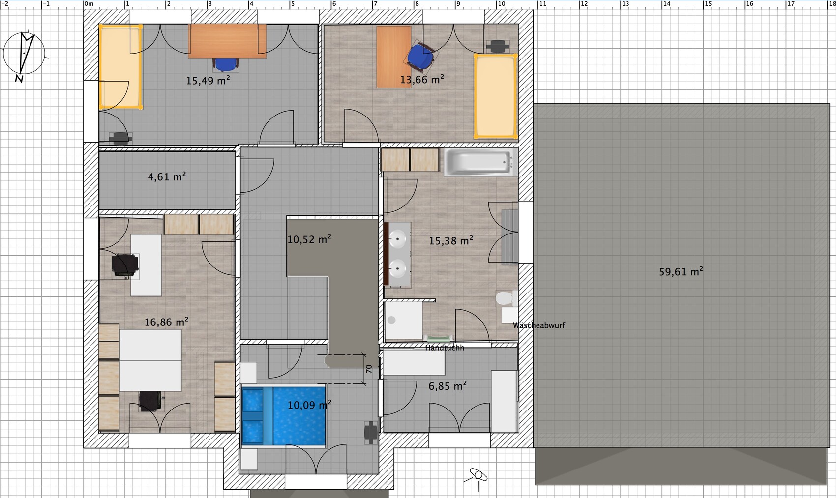 Grundriss eines Hauses mit mehreren Zimmern, Bad, Küche, Wohnzimmer und großer Garagenfläche.