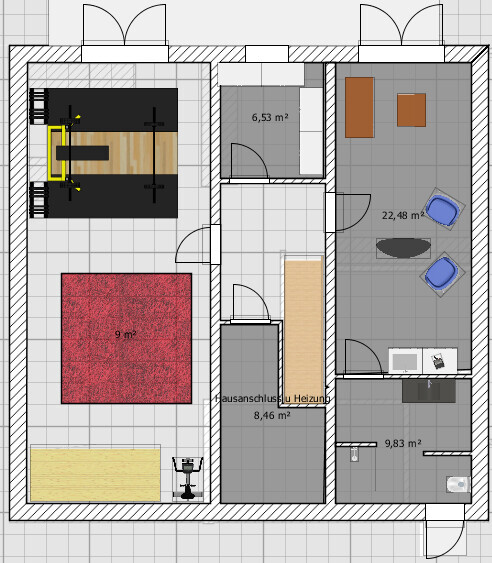 Grundriss eines Hauses: Büro mit Schreibtisch, roter Teppichraum, Wohnzimmer, Küche, Bad.