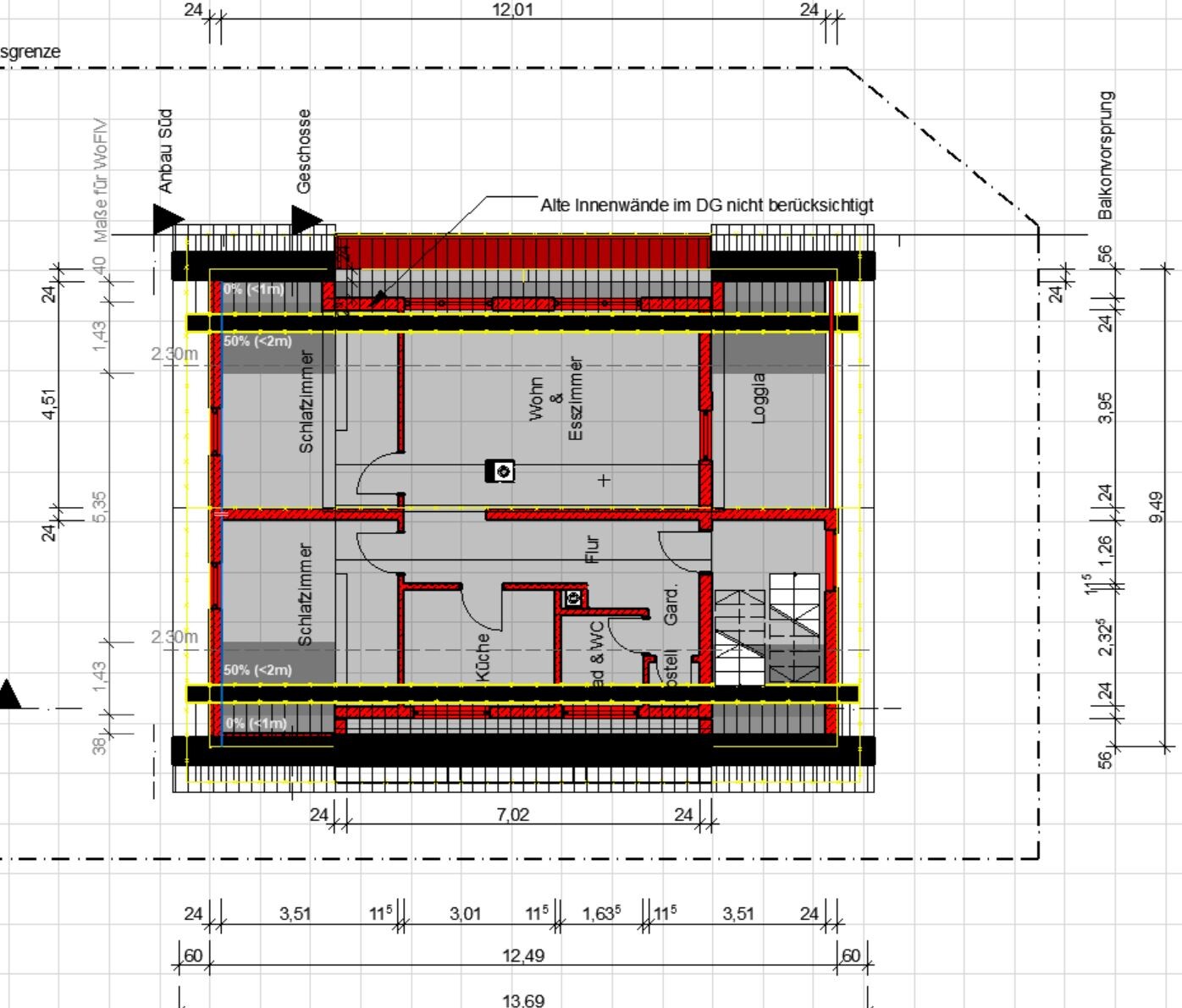 Grundriss eines Hauses: Schlafzimmer, Küche, Wohnzimmer/Esszimmer, Loggia, Bad, Flur, Treppe, Garage