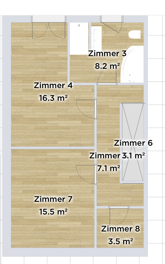 Grundriss einer Mehrzimmerwohnung mit Zimmern 3–4–6–7–8 und Größen 8,2;16,3;7,1;15,5;3,5 m².