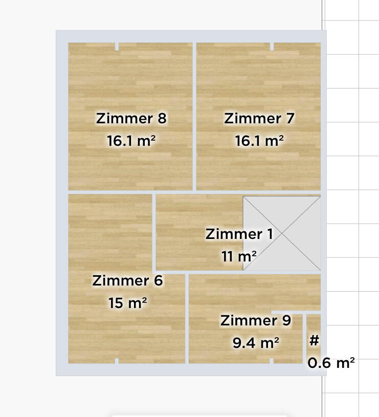 Grundriss eines Apartments mit Zimmern 7–9 und 1; Größenangaben in m² (16.1, 11, 15, 9.4, 0.6).