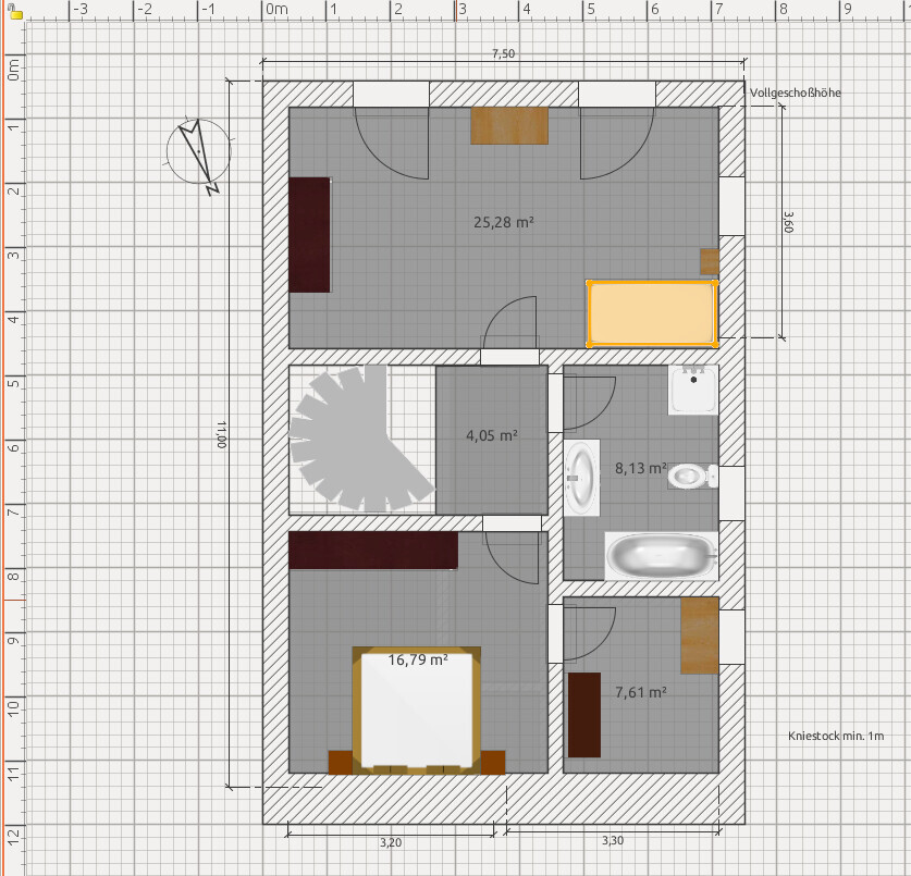 Grundriss mit Zimmern: Wohnzimmer 25,28 m², Schlafzimmer 16,79 m², Bad 8,13 m².
