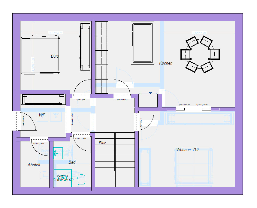 Draufsicht-Grundriss eines Hauses mit Küche, Essbereich, Wohnzimmer, Flur, Bad und Büro.
