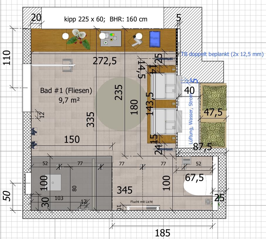 Grundriss eines Apartments: Bad, Schlafbereich, Küche, Esstisch, runder Teppich, Maße.