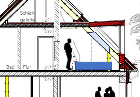 Schnitt durch zweigeschossiges Haus mit Schlafgalerie, Bad, Flur und Treppe