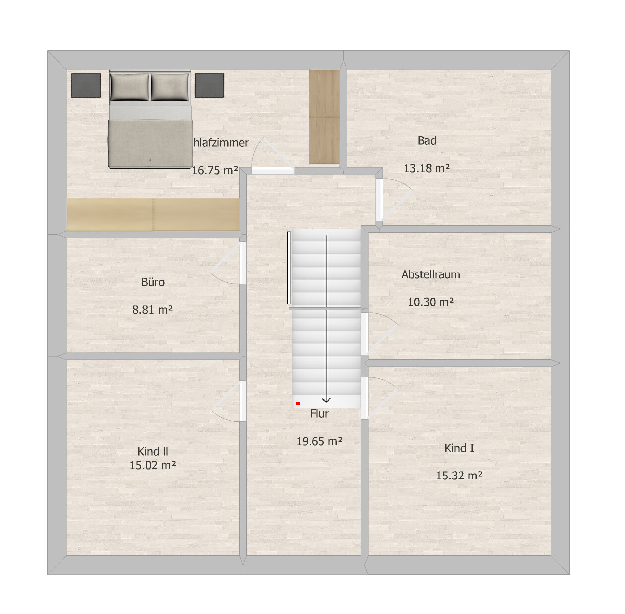 Grundriss eines Hauses: zentraler Flur, Schlafzimmer, Bad, Büro, Abstellraum, Kind I, Kind II.