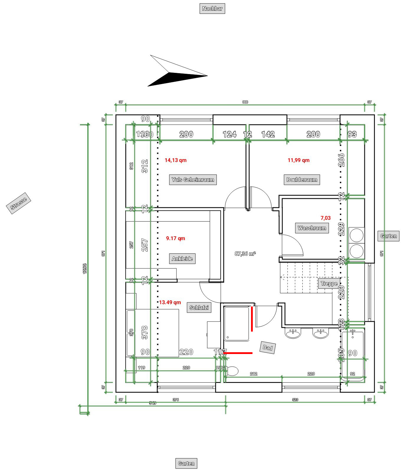 Grundriss eines Wohnhauses mit Schlafzimmer, Ankleide, Bad, Waschraum, Treppe, Garten.