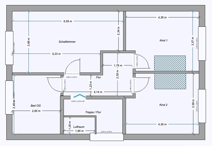 2D Grundriss eines Hauses mit Schlafzimmern, Bad, Flur und Treppe