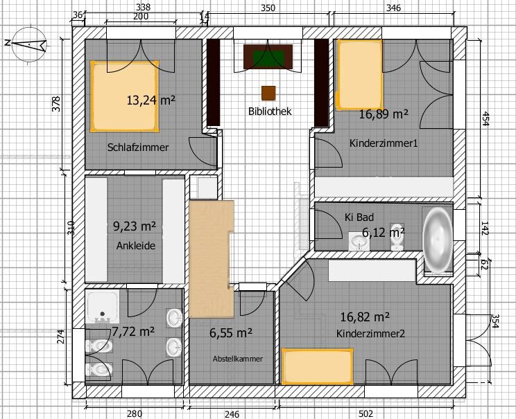 2D-Grundriss eines Hauses mit Schlafzimmer, Kinderzimmern, Bibliothek und Bad