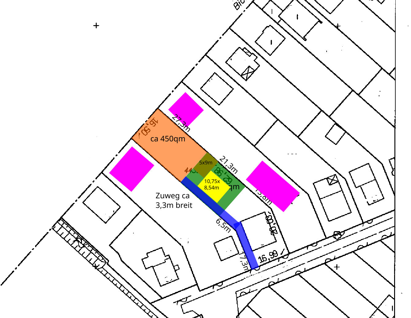 Lageplan eines Grundstücks mit farblich markierten Bereichen, Wegen und Gebäuden