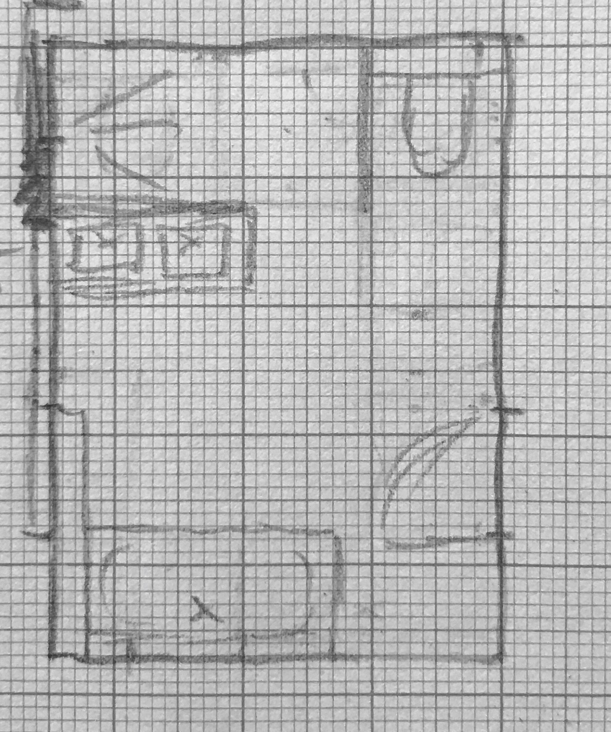 Handgezeichnete Grundriss-Skizze eines Hausgrundrisses mit Wänden und Türen auf kariertem Papier.