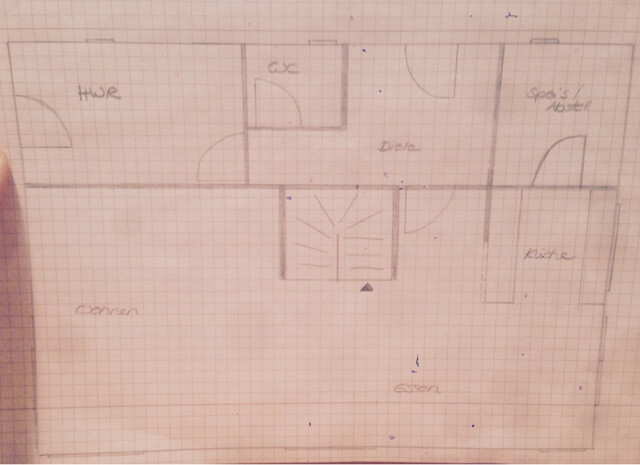 Grundriss eines Hauses: Wohnen, Essen, Küche, Diele, Treppenhaus, HWR, Abstellraum, Speisekammer.