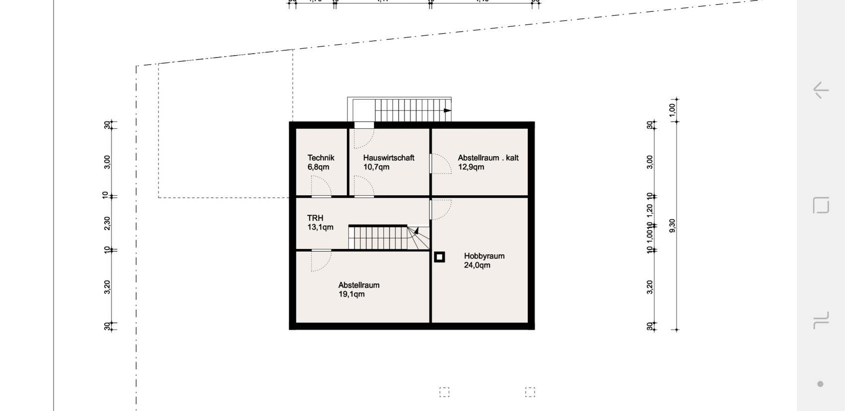2D-Grundriss eines Hauses mit Technik, Hauswirtschaft, Abstellräumen und Hobbyraum