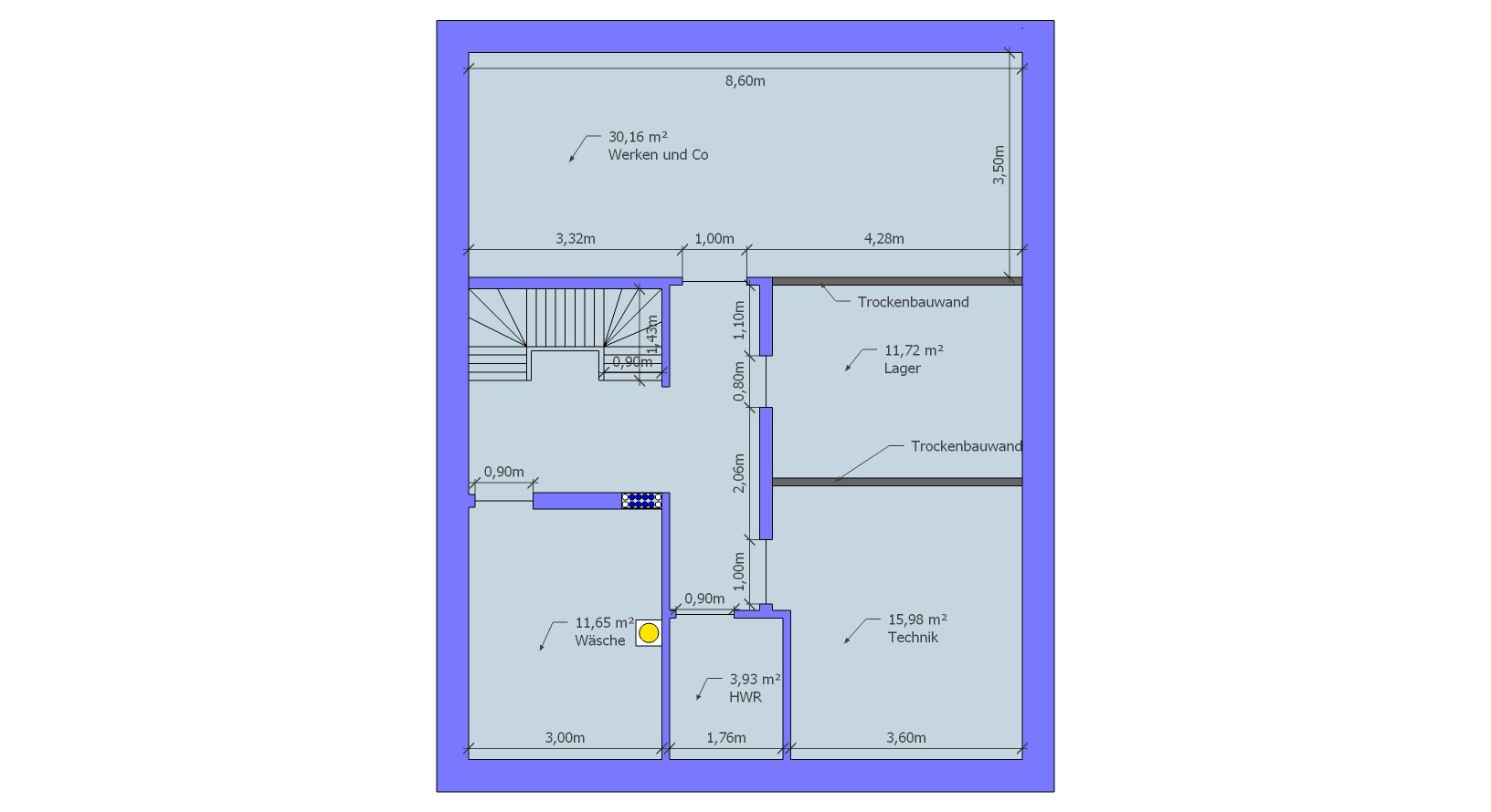 Grundriss eines Gebäudeteils mit Werken und Co Lager, Technik, Wäsche; Treppen und Trockenbauwände.