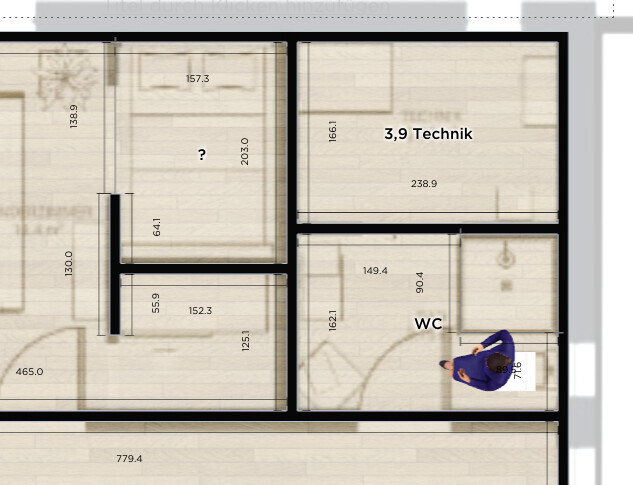 2D-Grundriss eines Hauses mit Technikraum, WC und Flur.