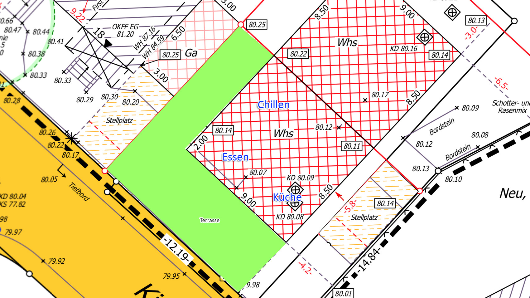 Lageplan mit farbigen Flächen: grüne Terrasse, rotes Gittergebiet, Küche, Essen, Chillen.