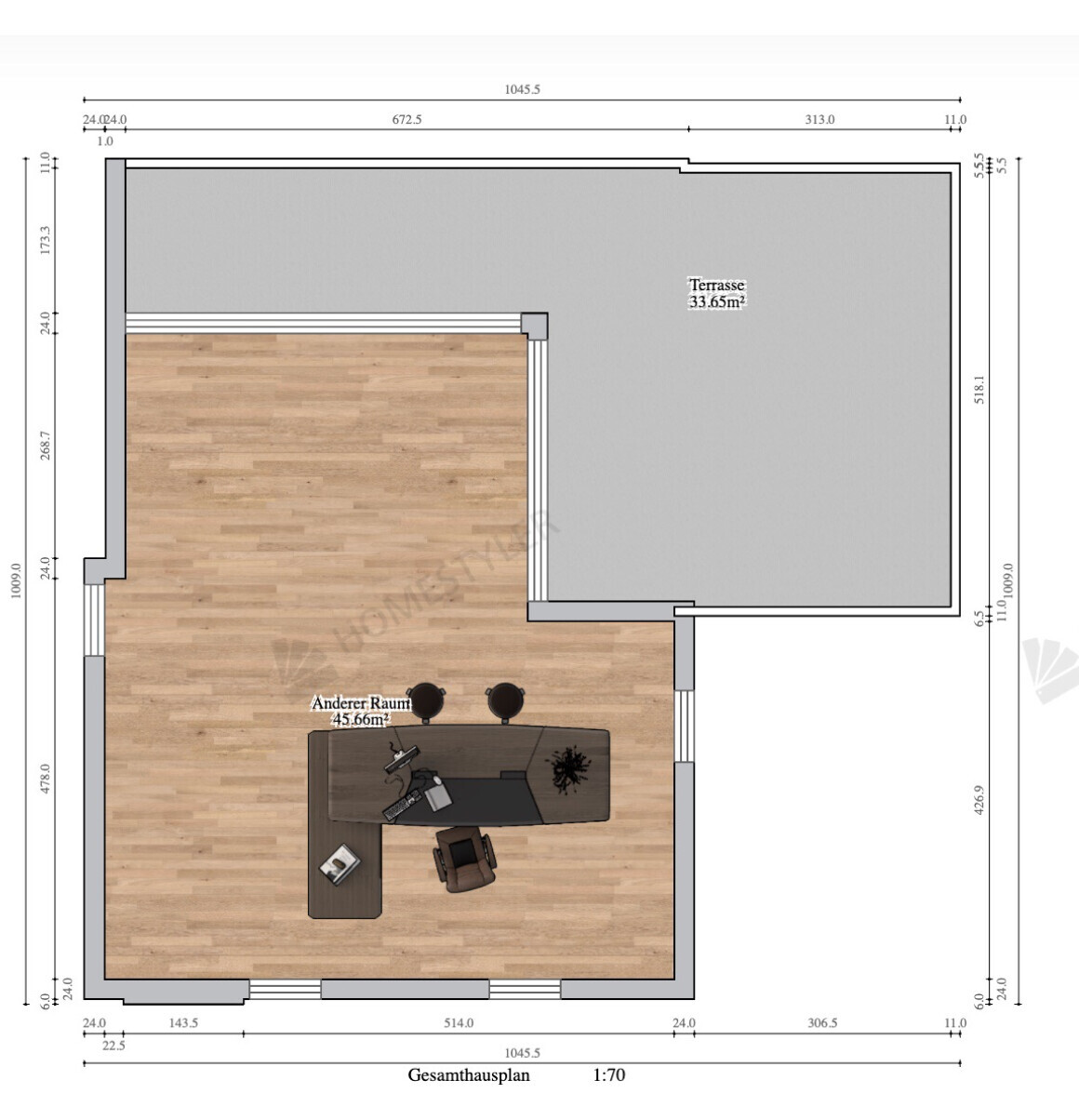 Grundriss eines Büros mit Holzfußboden, Schreibtisch und Terrasse (33,65 m²).