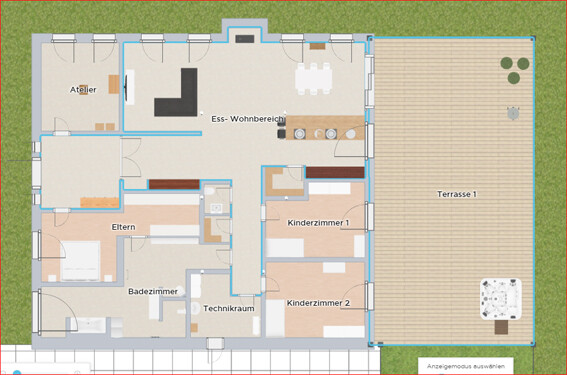 Hausgrundriss: Wohn-/Essbereich, Küche, Atelier, Eltern, Bad, Technik, 2 Kinderzimmer, Terrasse