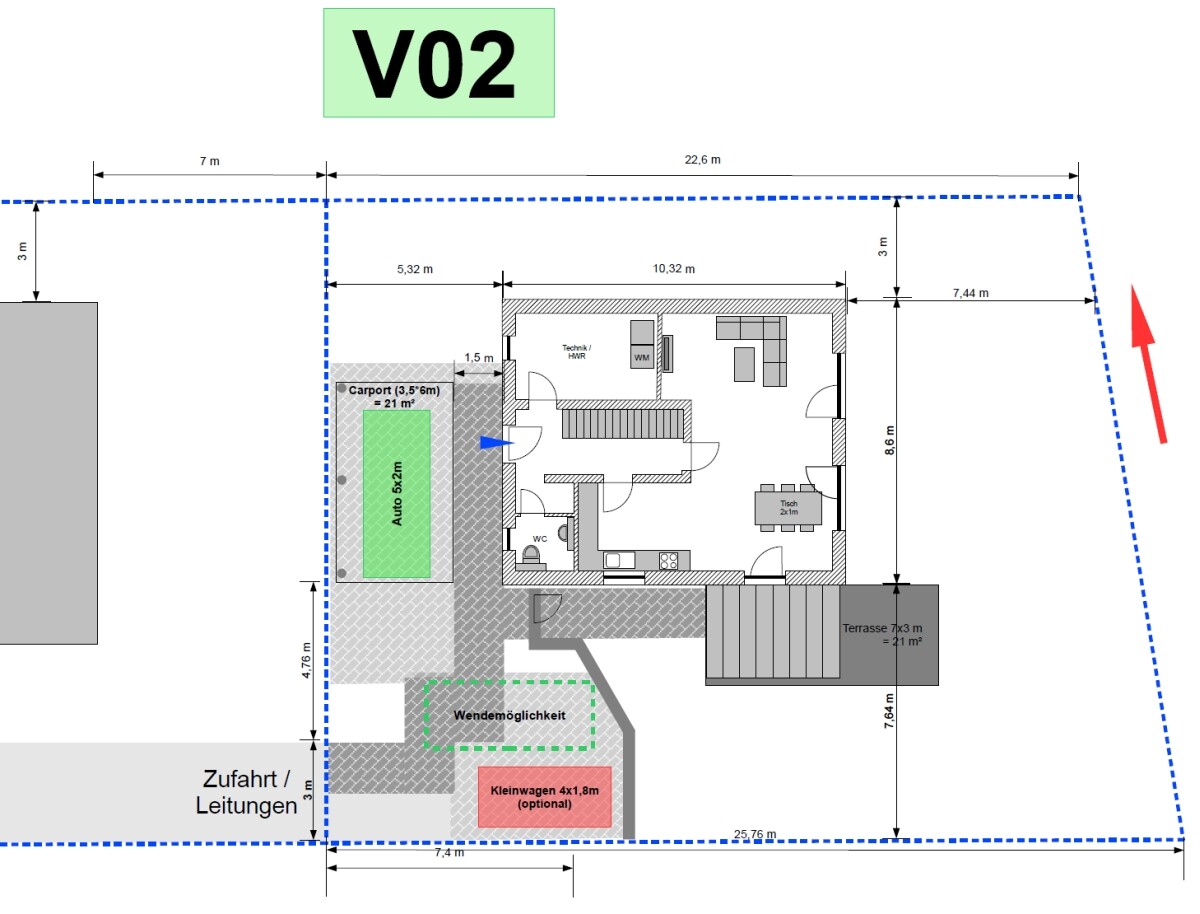 Grundriss eines Hauses: Wohnbereich, Küche, Carport, Terrasse, Zufahrt, Maße in Metern.