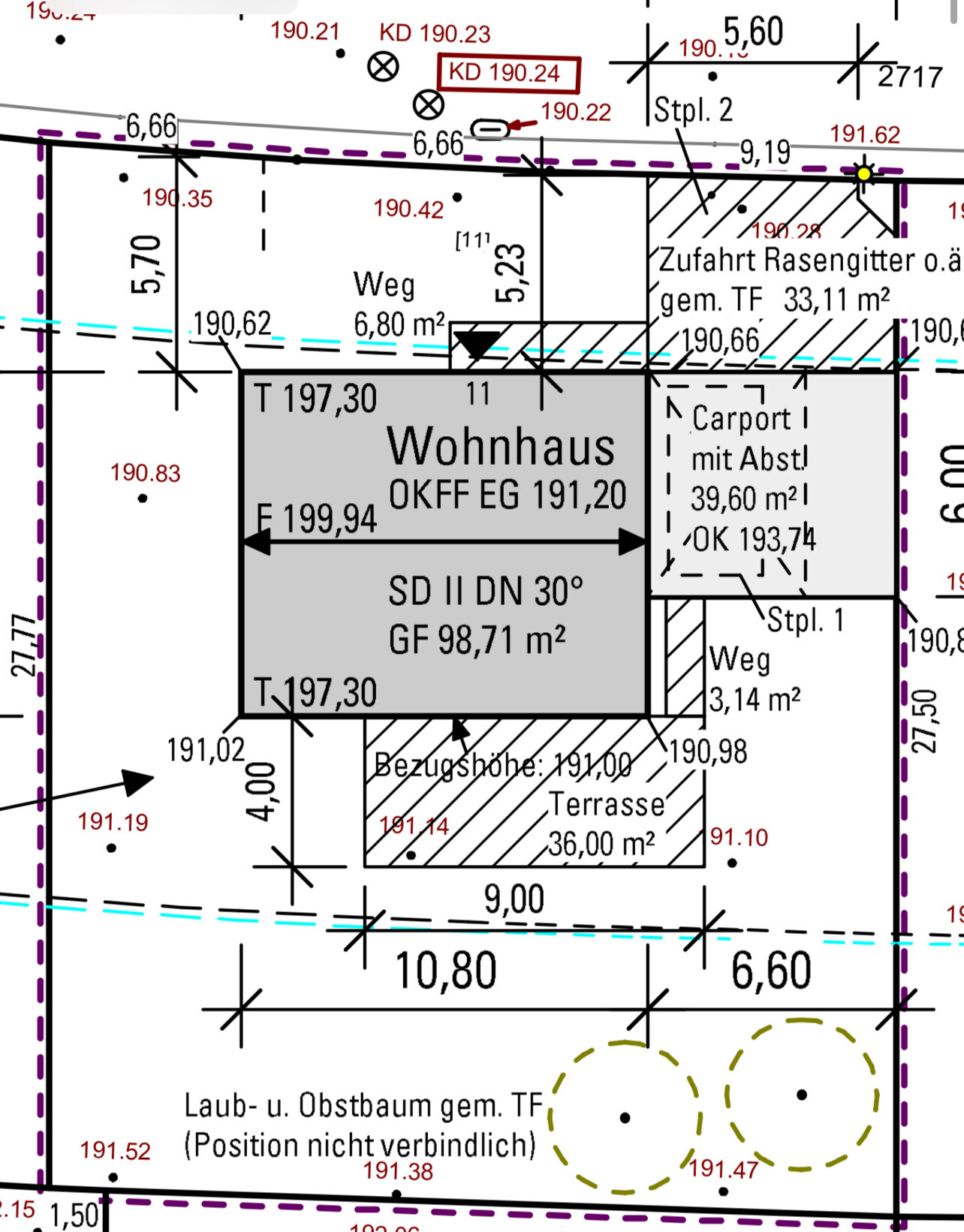 Grundrissplan: Wohnhaus mit Carport, Terrasse, Weg und Zufahrt, Maße im Plan.