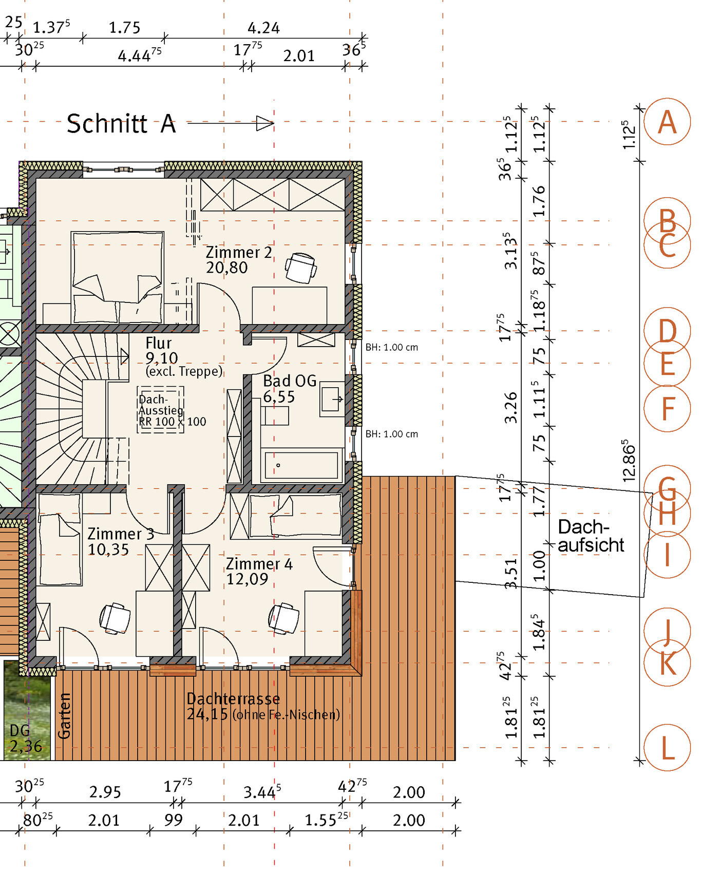 Grundriss Dachgeschoss mit Zimmern 2–4, Flur, Bad OG und Dachterrasse.