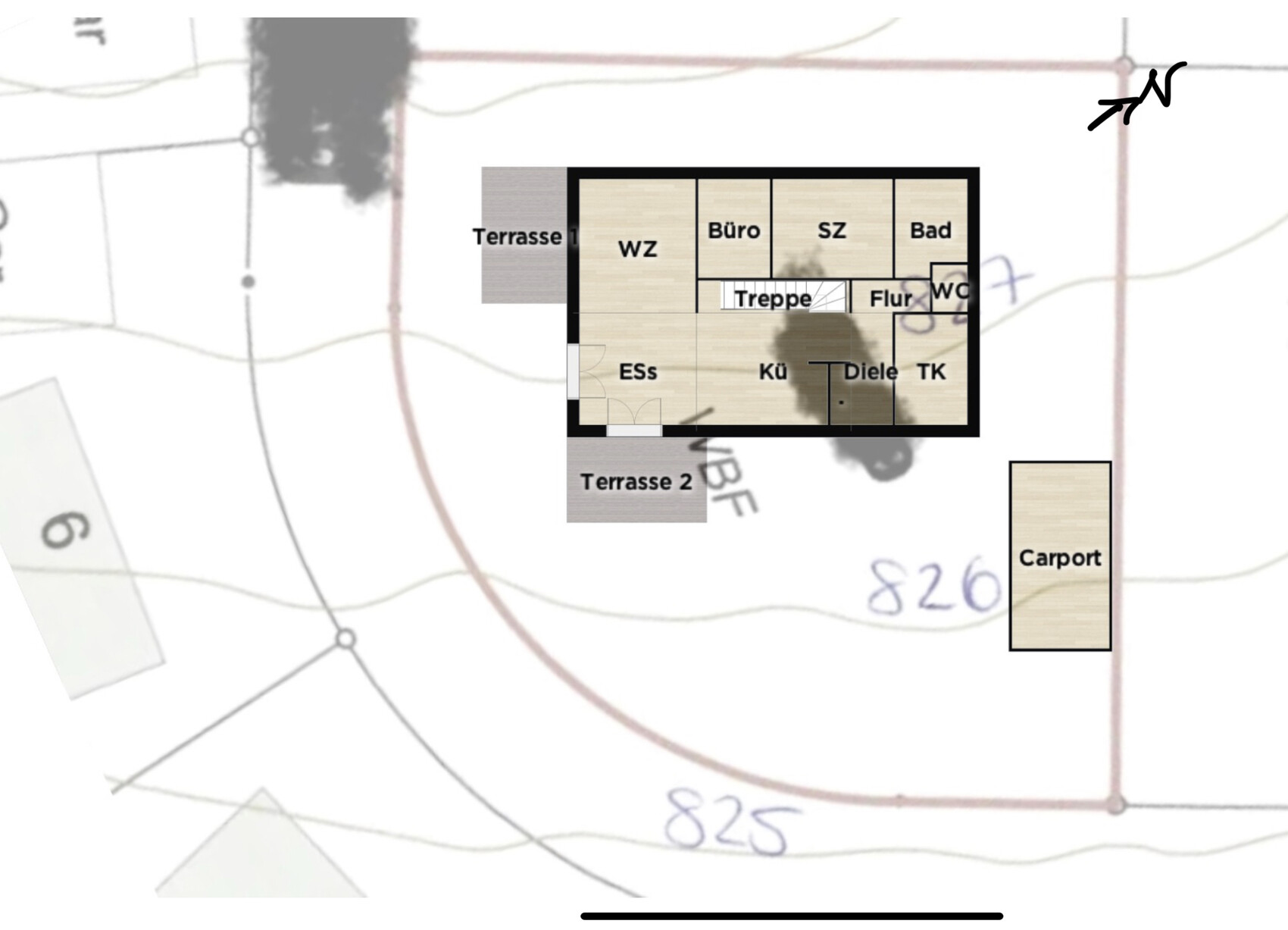 Grundriss eines Hauses: WZ, Küche, Ess, Büro, SZ, Bad, WC, Diele, Treppe; Terrassen 1/2, Carport.
