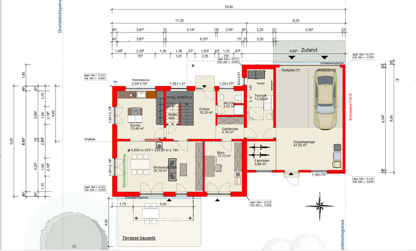 Grundriss eines Einfamilienhauses mit Küche, Wohnen/Essen, Büro, Garage und Terrasse.