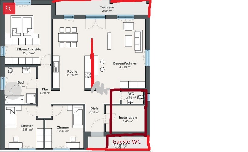 Grundriss einer Wohnung mit Terrasse, Küche, Essen/Wohnen, WC, Gäste-WC, Zimmer.