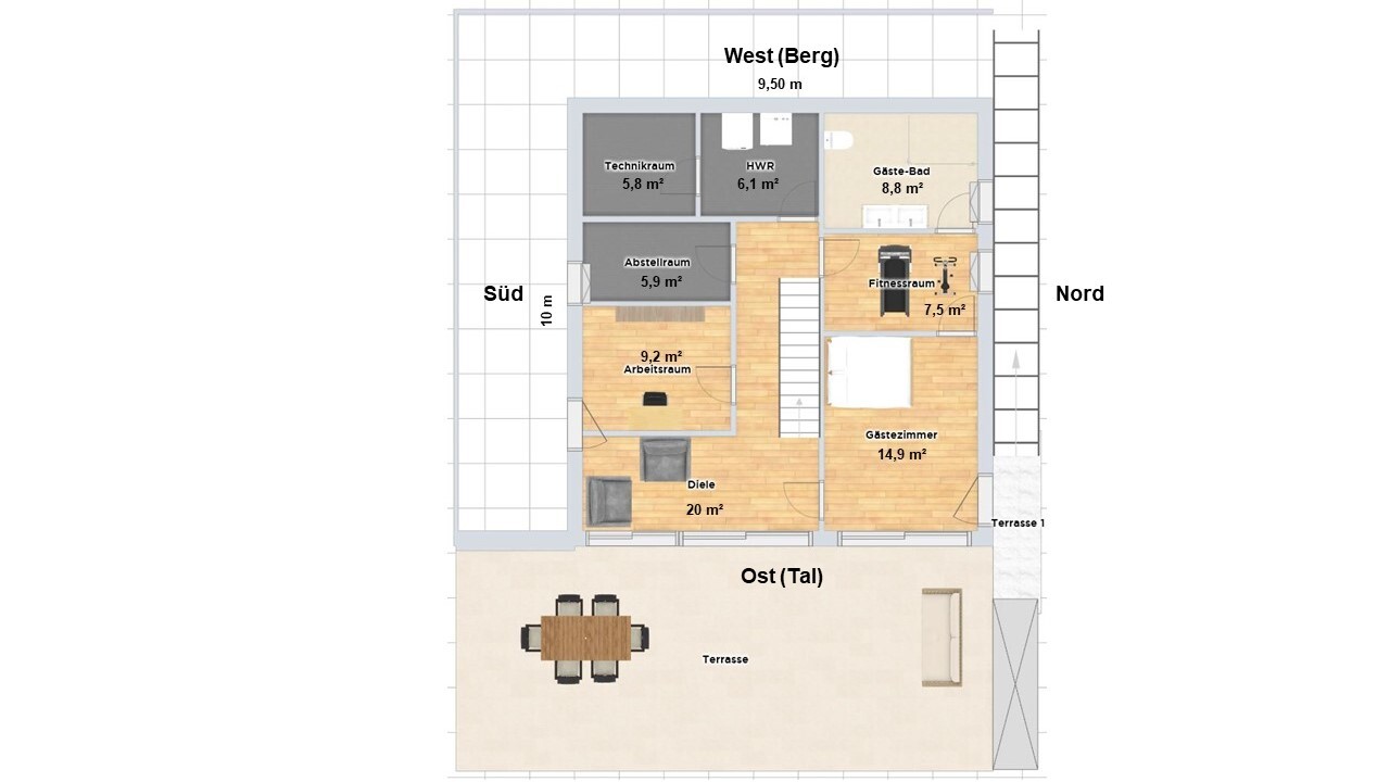 Grundriss eines Hauses mit Diele, Abstellraum, Technikraum, Arbeitsraum, Gästebad, Fitnessraum.