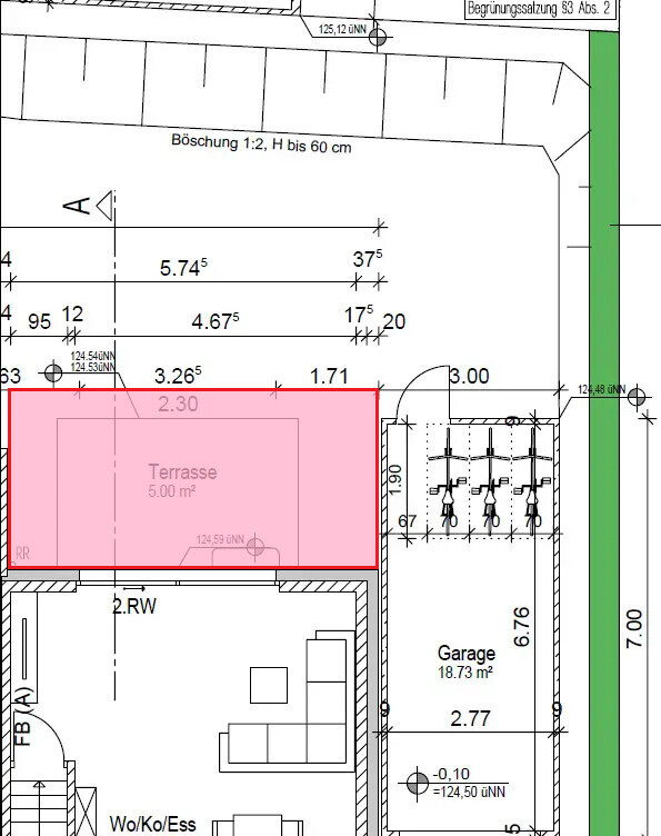 Grundrissplan eines Hauses mit Terrasse und Garage, Innen- und Außenbereiche sichtbar.