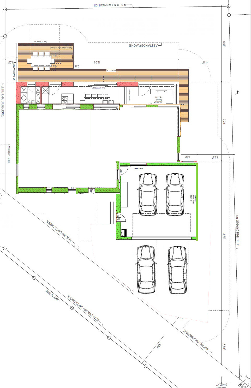 Grundriss eines Hauses: Terrasse, offene Küche, Wohnbereich und Doppelgarage mit Parkplätzen.