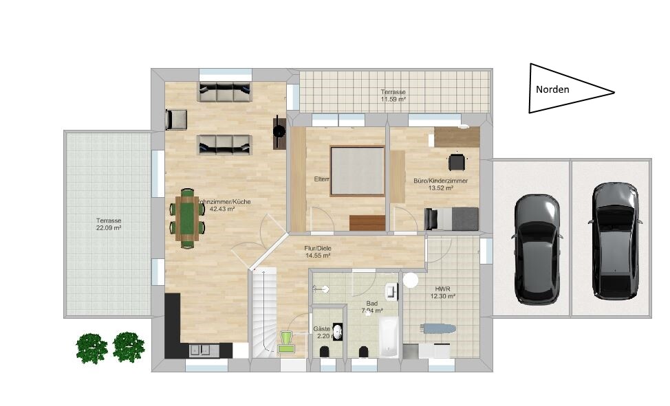 2D Grundriss eines Hauses mit Terrasse, Garage, Küche und Wohnzimmer