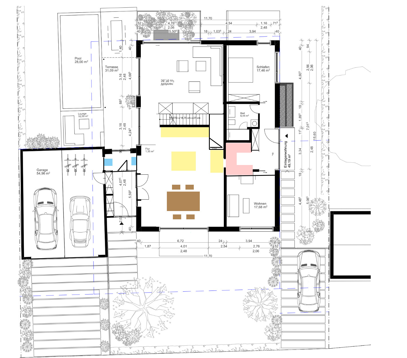 Grundriss eines Einfamilienhauses mit Garage, Pool, Terrasse, Wohn-/Essbereich, Bad und Schlafzimmer.