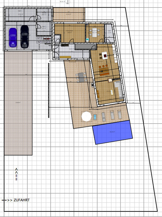 Grundrissplan eines Hauses mit Garage, Terrasse und mehreren Innenräumen