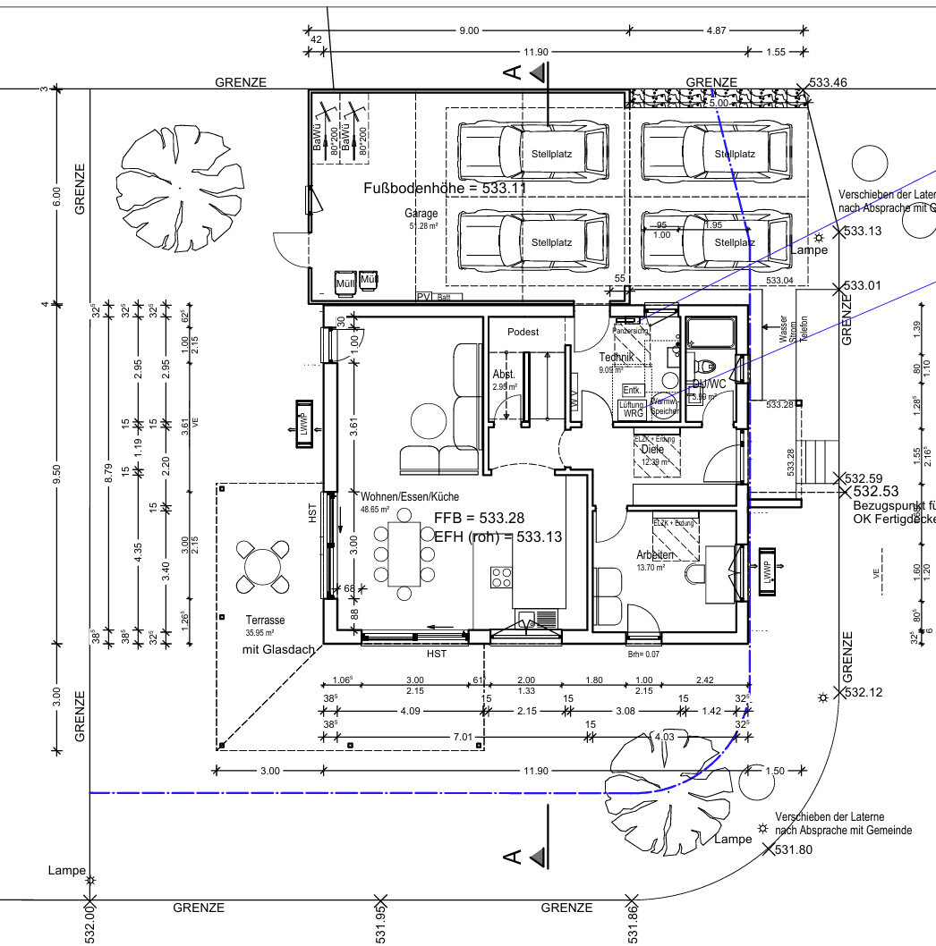 Grundriss eines Hauses: Garage mit Stellplätzen, Wohnen/Essen/Küche, Terrasse und Garten.