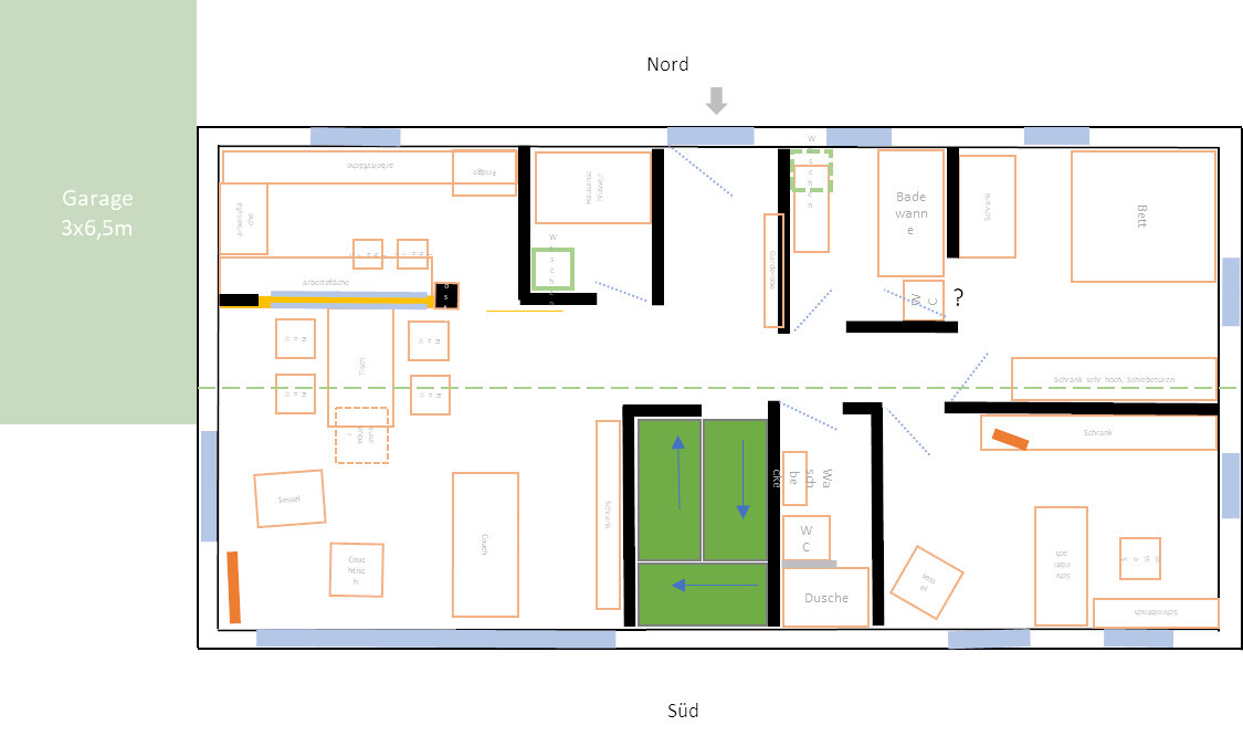 Grundriss einer Garage (3x6,5 m) mit Arbeits- und Lagerbereich, Möbeln.