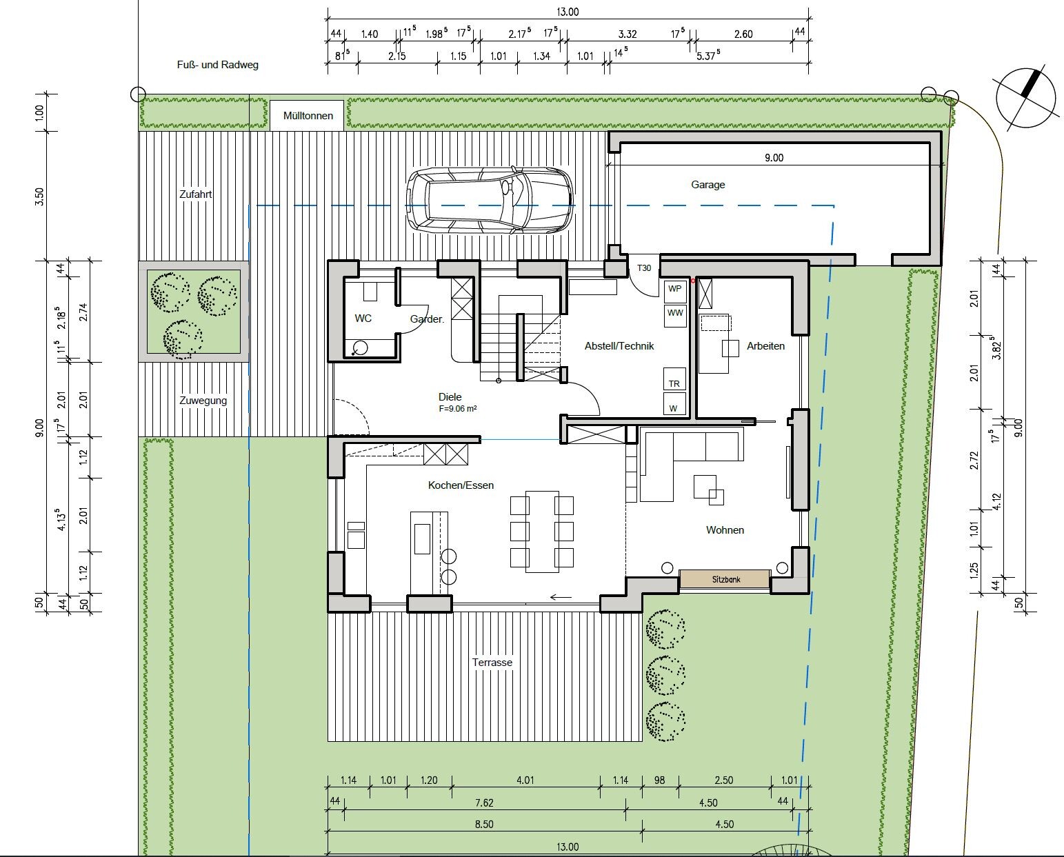 Grundriss eines Hauses mit Garage, Terrasse, Garten und Wohnzimmer.