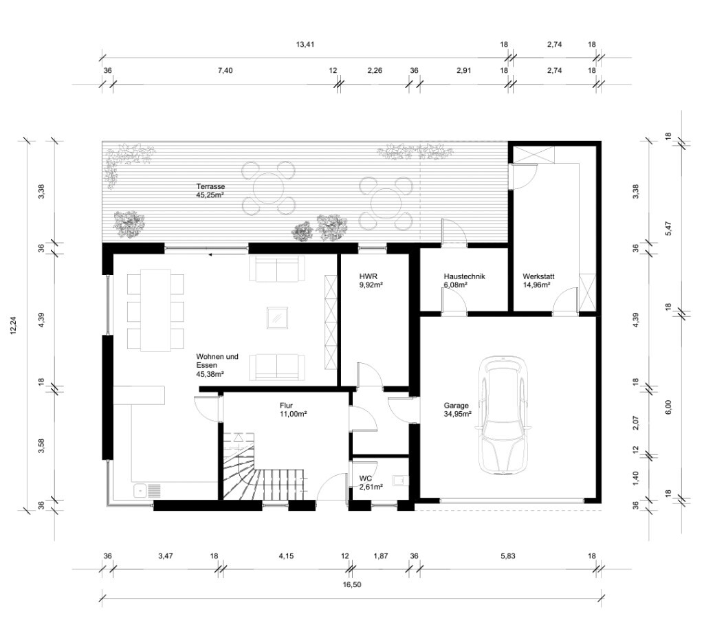 Grundriss eines Einfamilienhauses mit Terrasse, Wohn-/Essbereich und Garage.