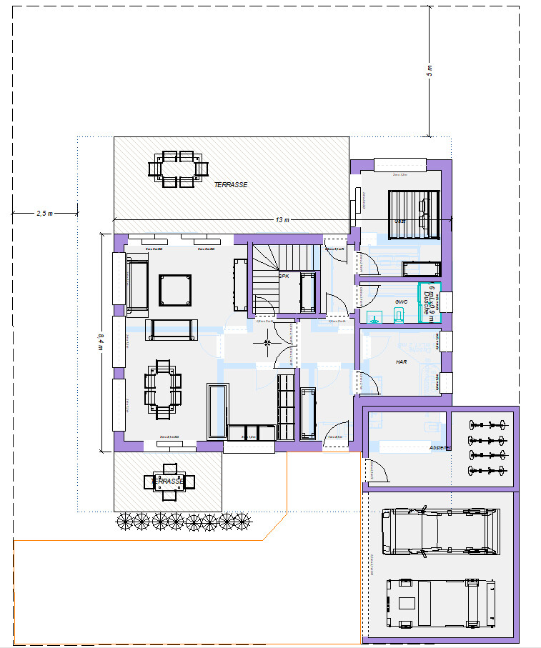 Grundriss eines Einfamilienhauses mit Terrasse, Garage und Eingangsbereich.