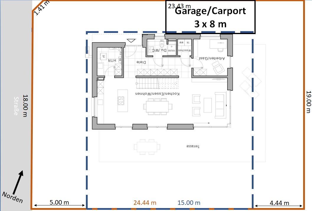 Einfamilienhaus-Grundriss: offener Wohn/Essbereich, Küche, Bad, Terrasse, Garage/Carport 3x8 m.