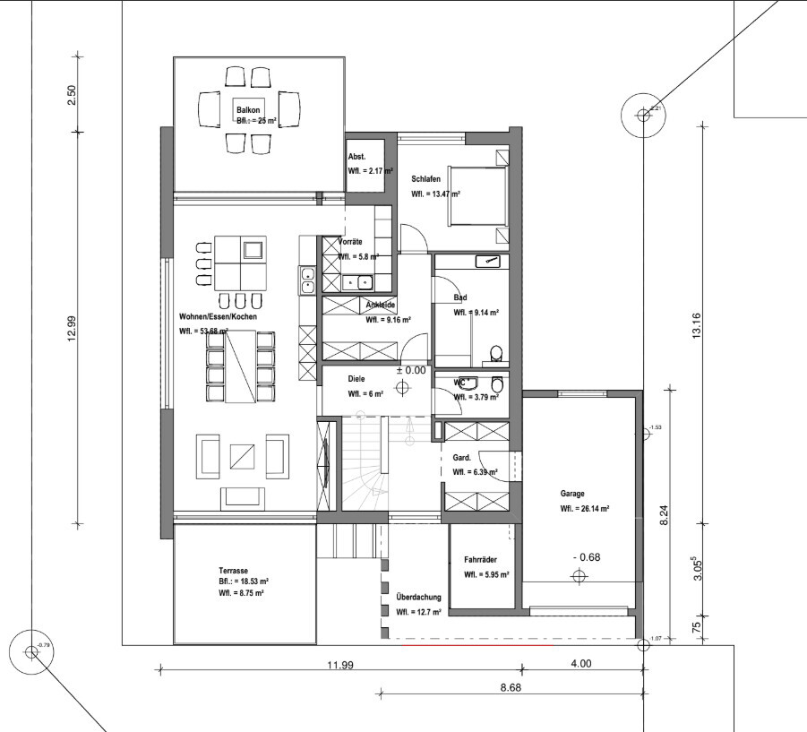 Grundriss eines Hauses mit Wohn-/Ess-/Kochbereich, Schlafzimmer, Bad, Terrasse und Garage.