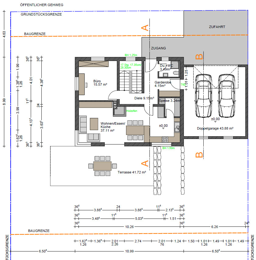 Grundriss eines Hauses mit Küche, Wohnzimmer, Büro, Terrasse und Doppelgarage.