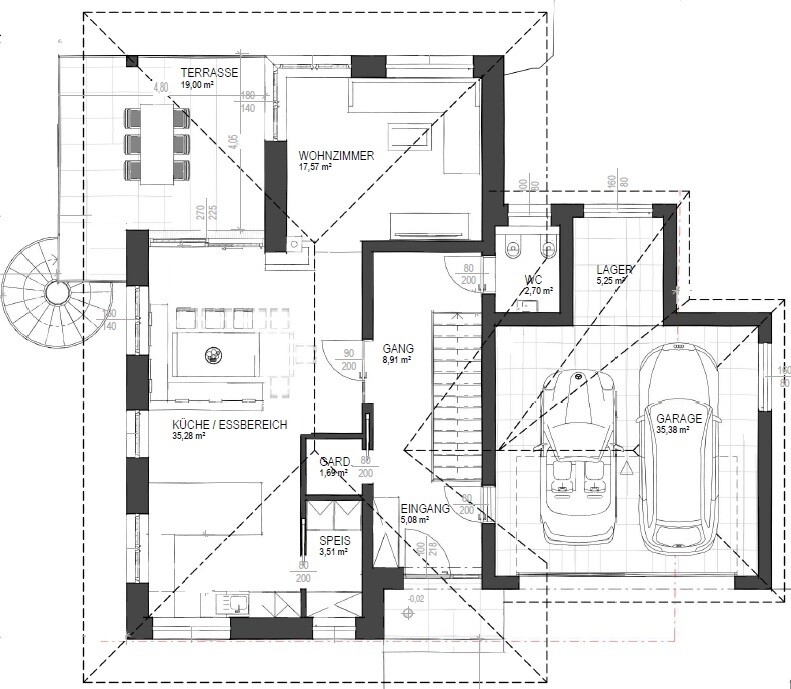 Grundriss eines Einfamilienhauses mit Garage, Terrasse, Küche, Wohnzimmer, Flur, WC, Lager