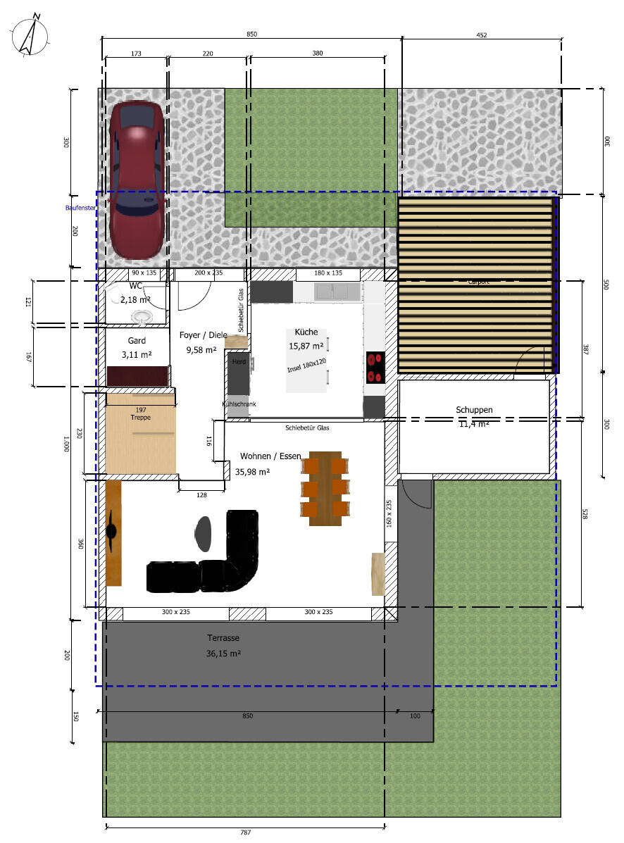 Grundriss eines Hauses: Wohn- und Essbereich, Küche, Terrasse, Garten und Parkplatz mit Auto