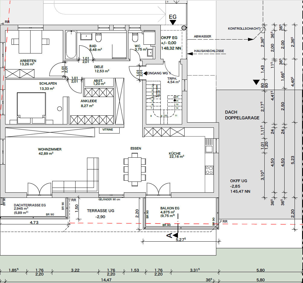 Architekturplan: Wohnzimmer, Esszimmer, Küche, Schlafzimmer, Bad, Terrasse und Garage.