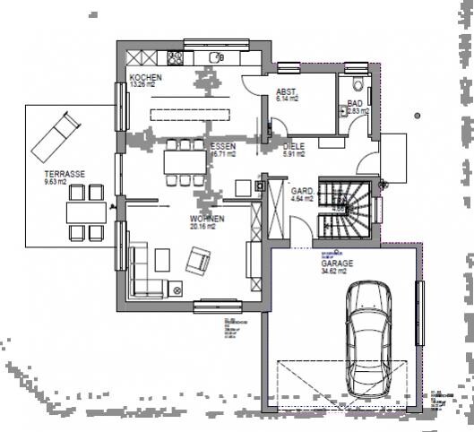 2D-Grundriss eines Hauses mit Terrasse, Küche, Wohnzimmer und Garage