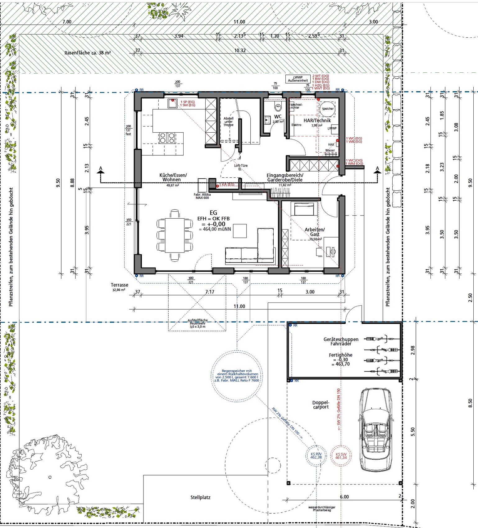 Detaillierter Grundriss eines Einfamilienhauses mit Terrasse und Carport