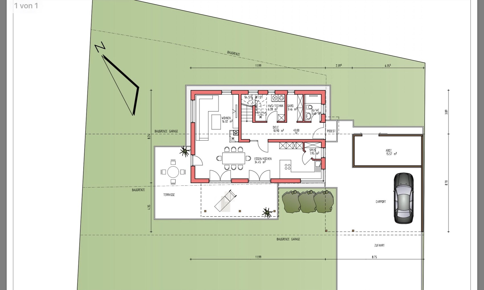 Grundriss Erdgeschoss: Wohn- und Essbereich, Küche, Diele, Terrasse, Garten, Carport.