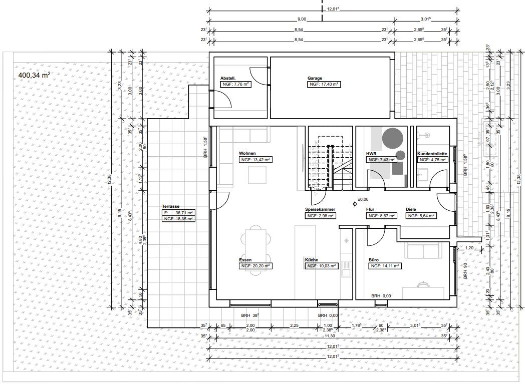 Grundriss eines Hauses: Terrasse, Wohnen, Essen, Küche, Büro, HWR, Garage, Flur, Diele