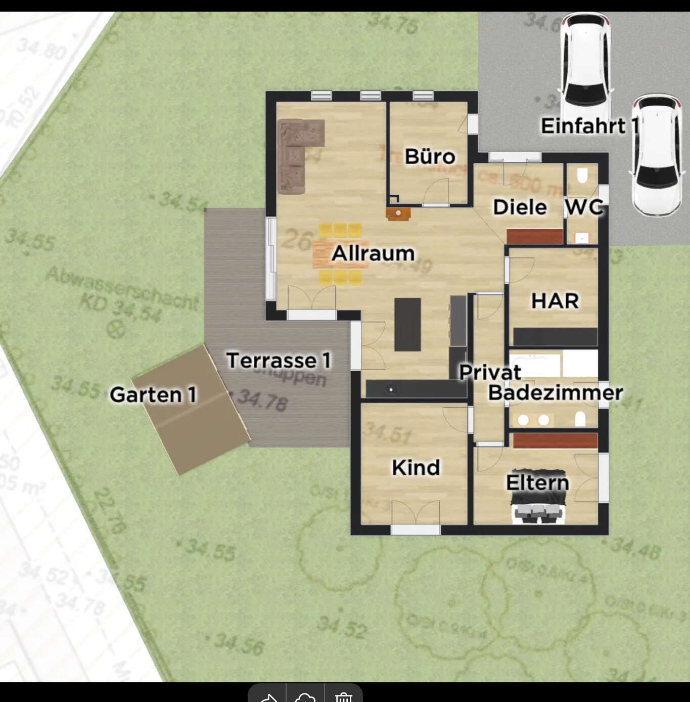 Grundrissplan eines Einfamilienhauses mit Terrasse, Garten und mehreren Zimmern